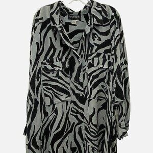 Oversized Silk Shirt Zebra Grey Black Blouse Top L/XL nos Vintage FrenchVanilla